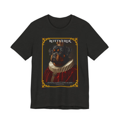 Model wearing the Rottweiler Royal Portrait tee, front pose