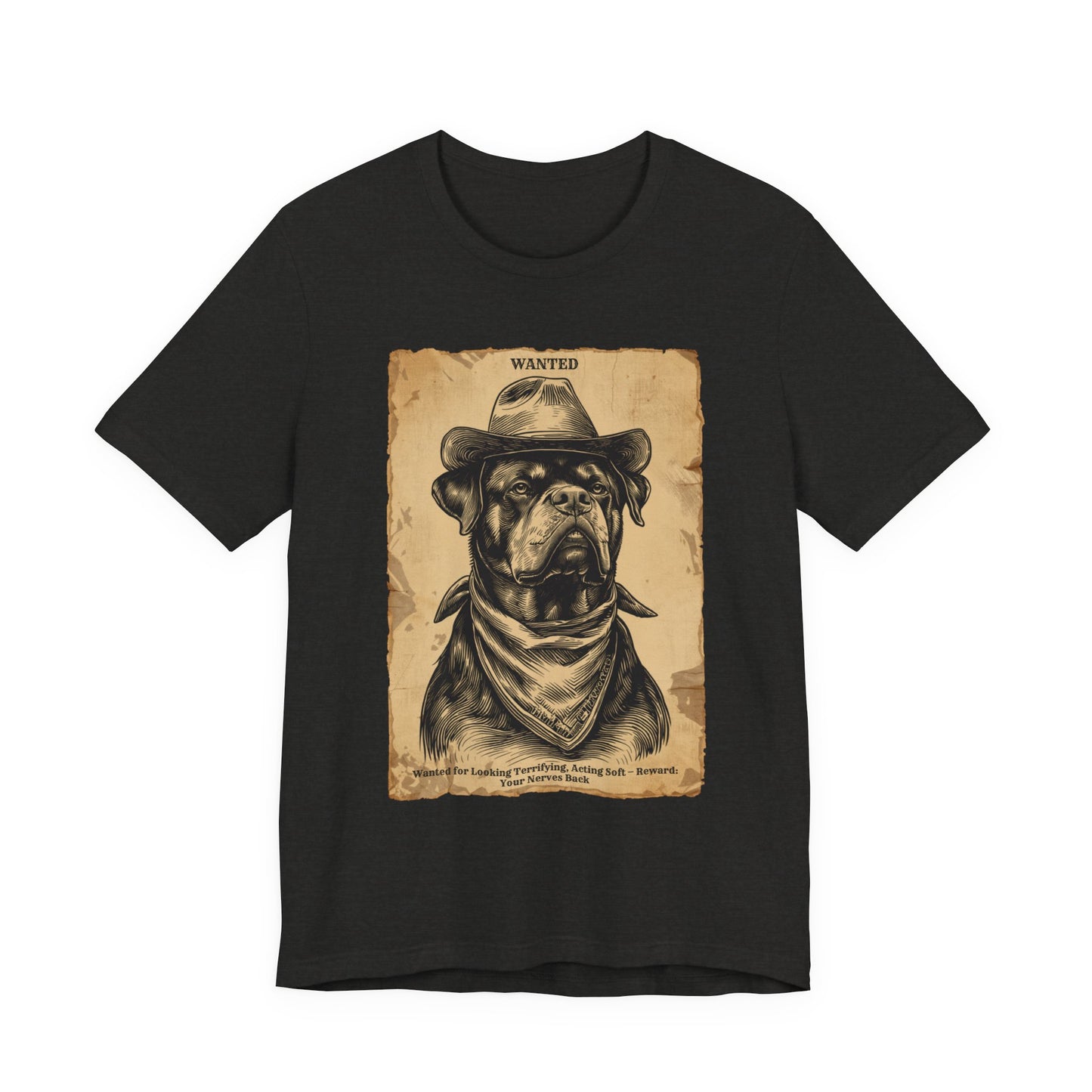 Rottweiler Wanted Outlaw t-shirt front view black heather