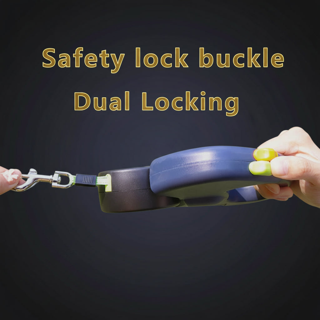 Person holding a retractable dog leash with safety lock buckle and dual locking feature, grassy background.