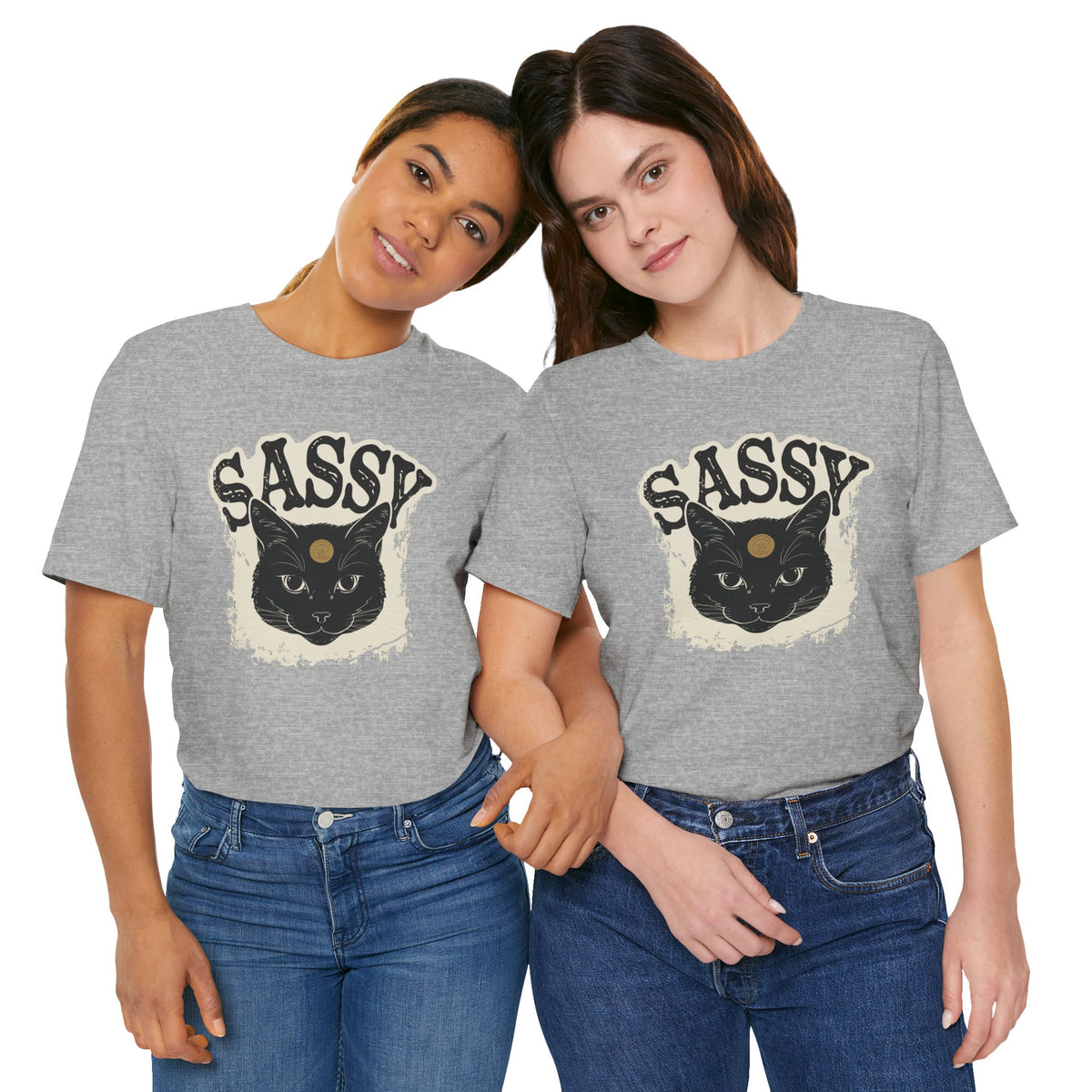 Sassy Black Cat t-shirt in athletic heather, front view