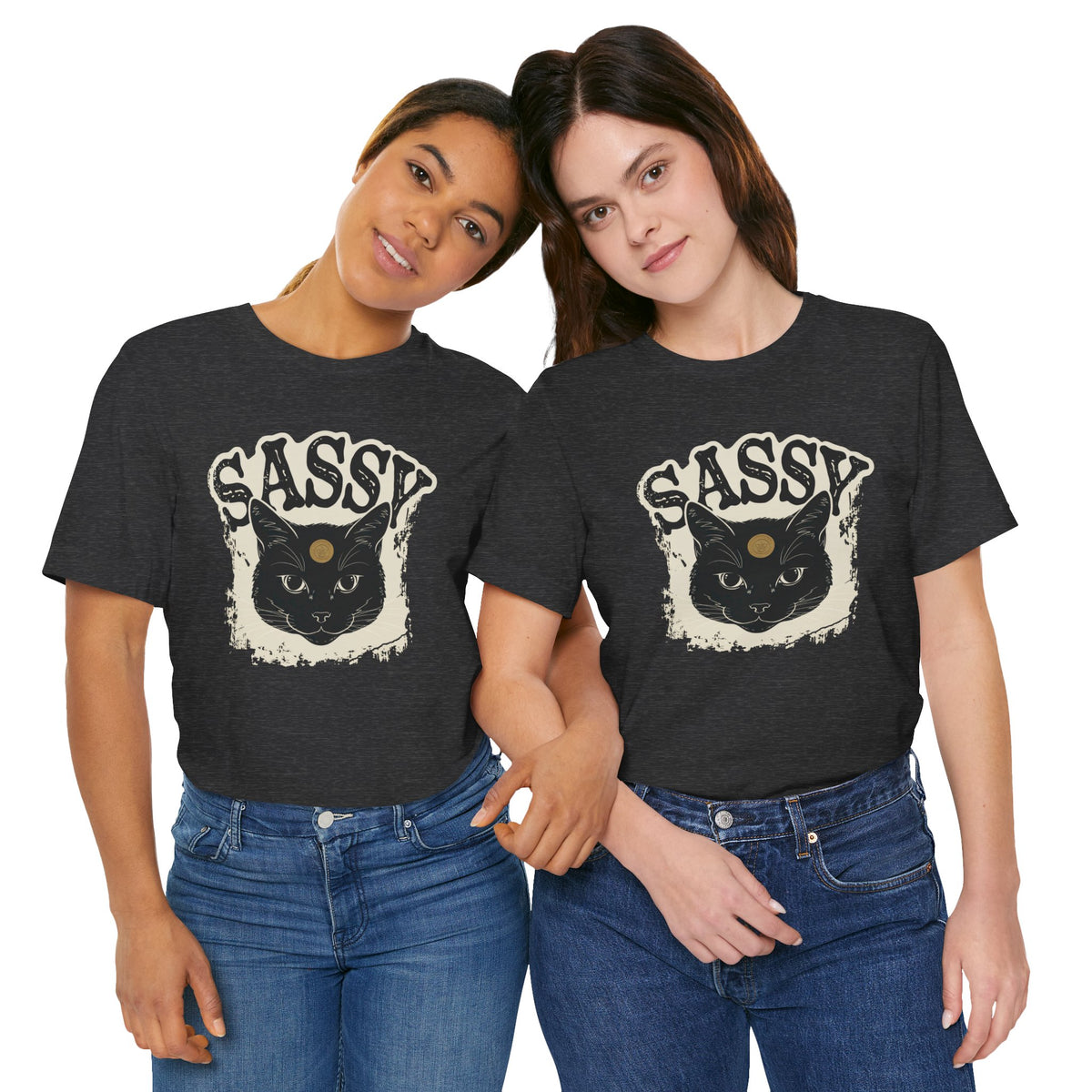 Sassy Black Cat t-shirt in dark heather, front view