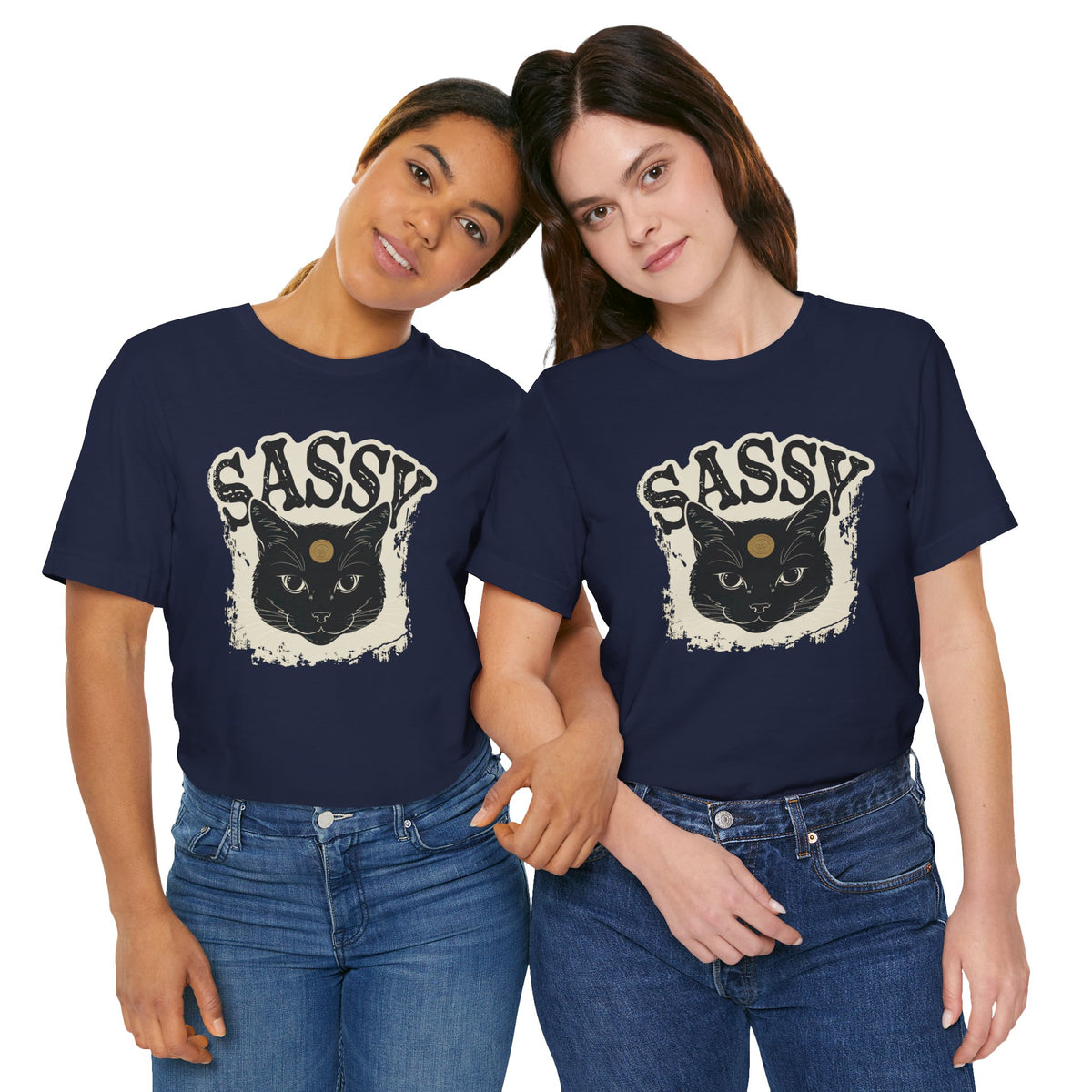 Sassy Black Cat t-shirt in navy, front view