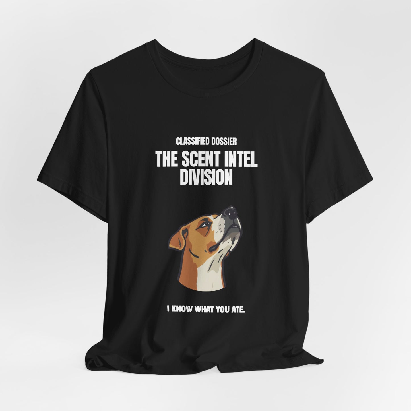 Scent Intel Division funny dog tee – on model