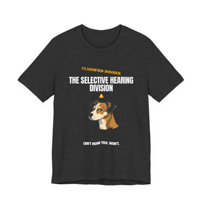 Selective Hearing Division dog t-shirt collar detail