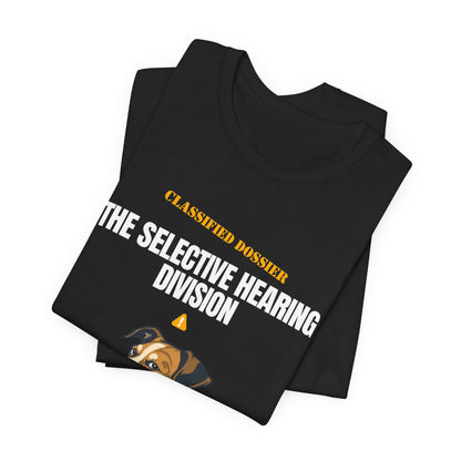 Selective Hearing Division dog t-shirt fabric close-up
