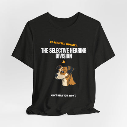 Selective Hearing Division dog t-shirt flat lay