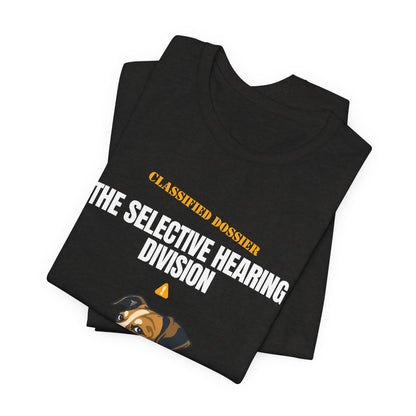 Selective Hearing Division dog t-shirt model close-up