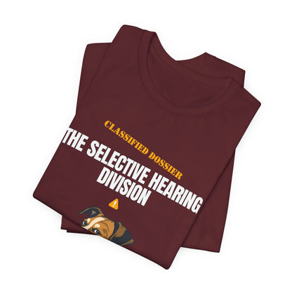Selective Hearing Division dog t-shirt worn with jeans