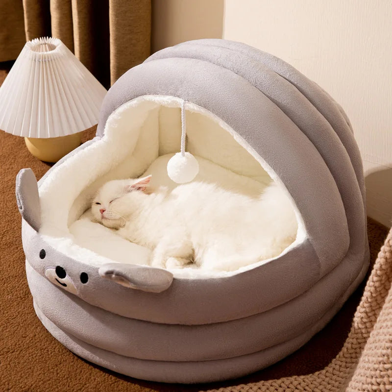 PawCave grey and pink bear arch cave beds side by side — 30x30x28cm size reference