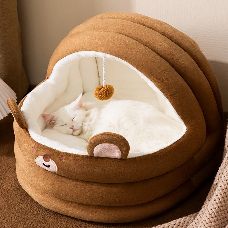 PawCave cat bed pink — pig character front panel with wide open arch and pom-pom toy