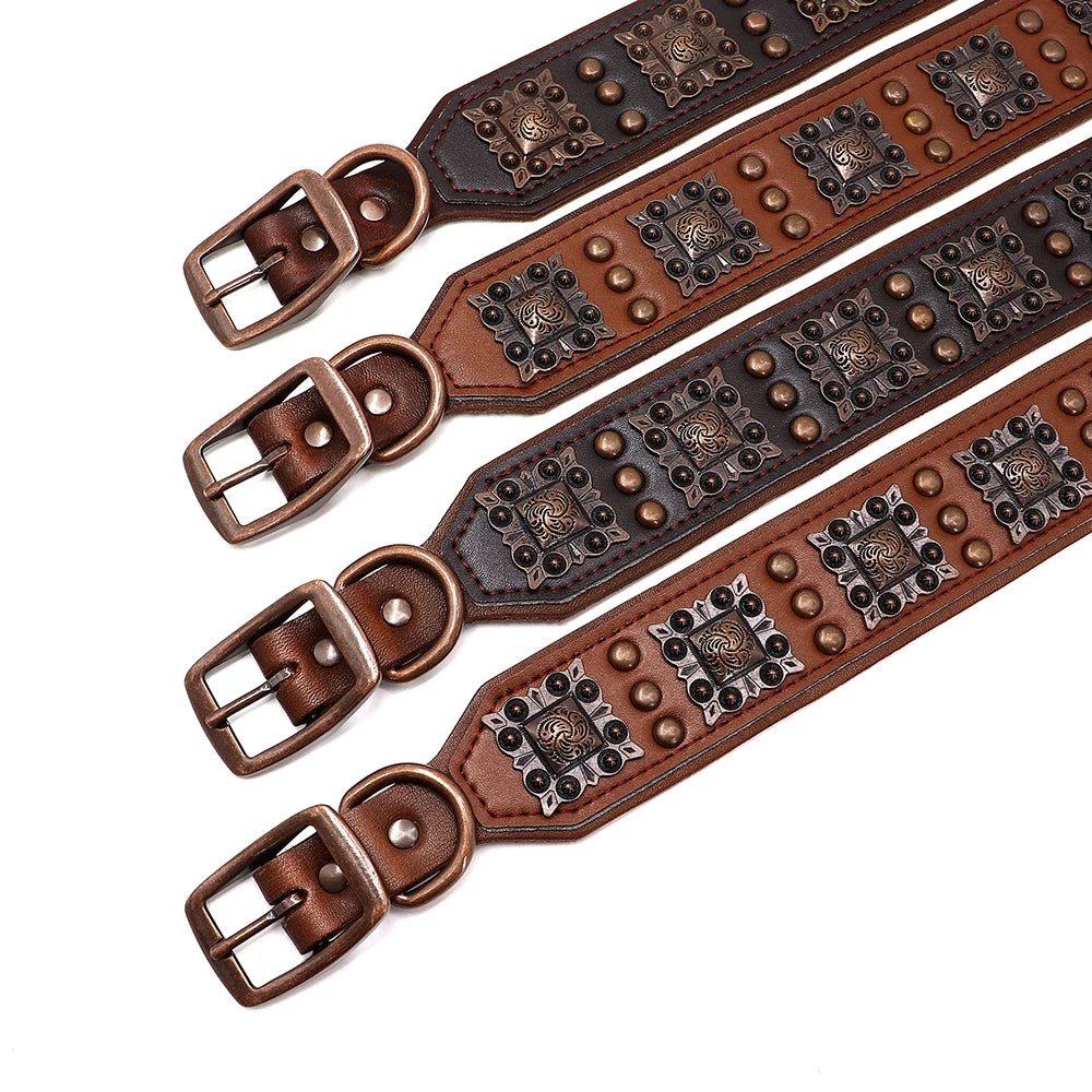 Set of brown leather dog collars with antique copper concho hardware on white background