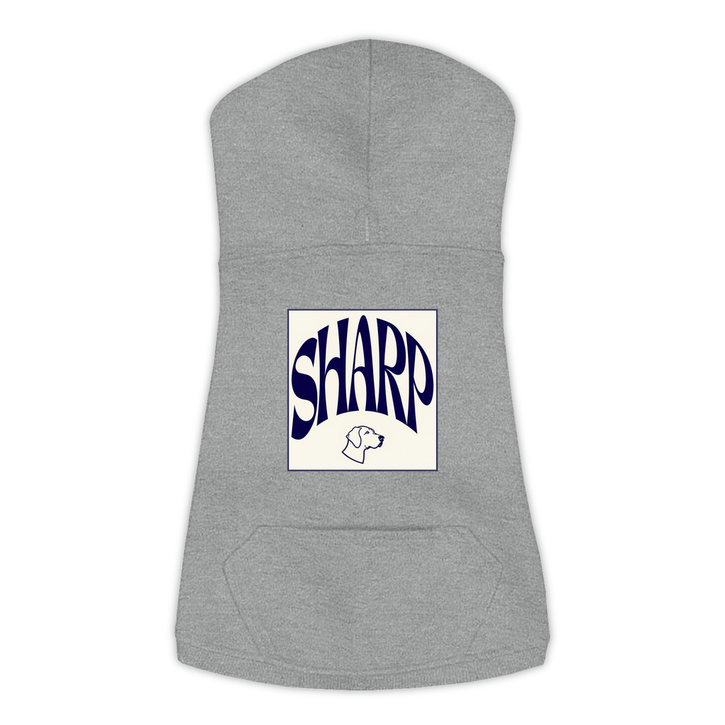 Sharp Hoodie in Granite Heather, size L, bold SHARP wordmark graphic with German Shorthaired Pointer icon