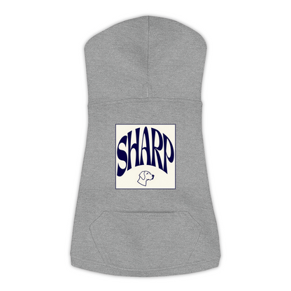 Sharp Hoodie in Granite Heather, size XL, bold SHARP wordmark graphic with German Shorthaired Pointer icon