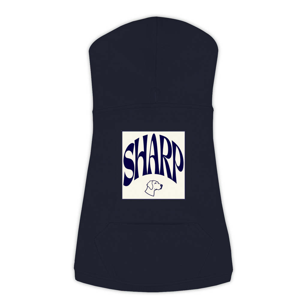 Sharp Hoodie in Navy, size L, bold SHARP wordmark graphic with German Shorthaired Pointer icon