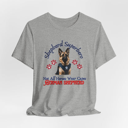Shepherd Superhero German Shepherd t-shirt in Athletic Heather, hanging front view