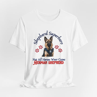 Shepherd Superhero German Shepherd t-shirt in White, hanging front view