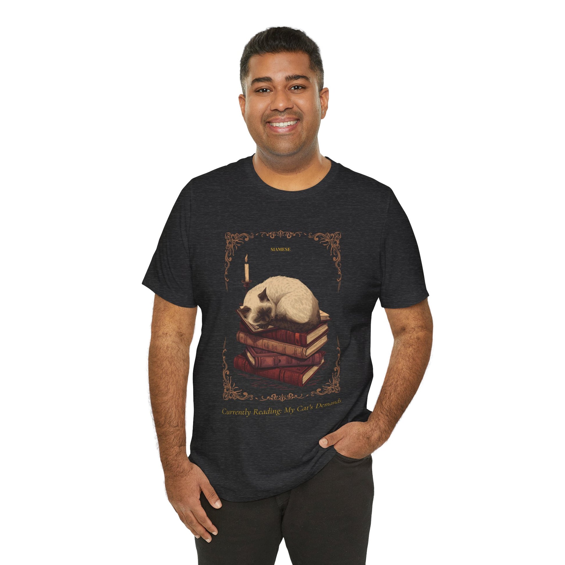 Black Heather colourway of the Siamese Cat t-shirt