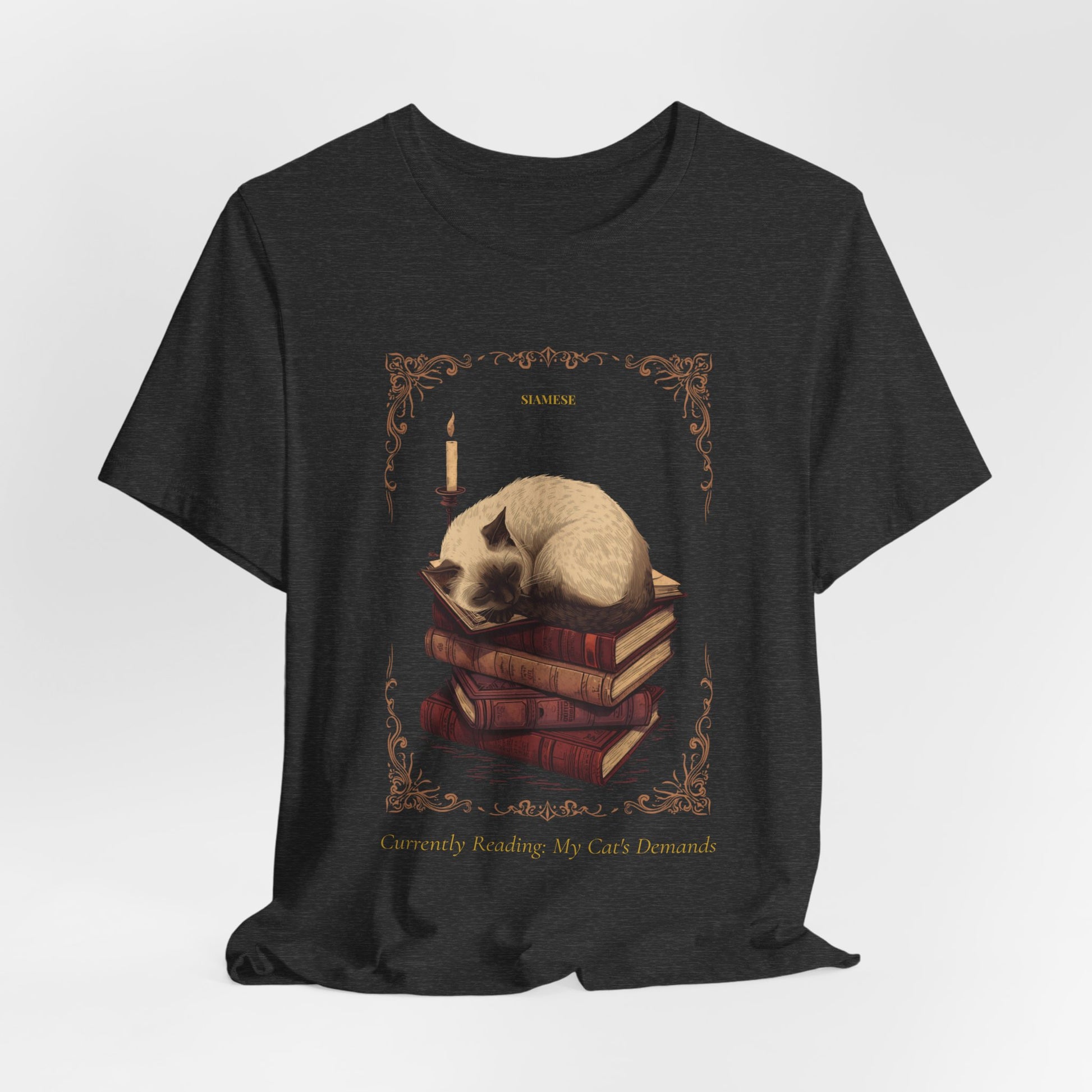 Gift-ready photo of the Siamese Cat reading tee