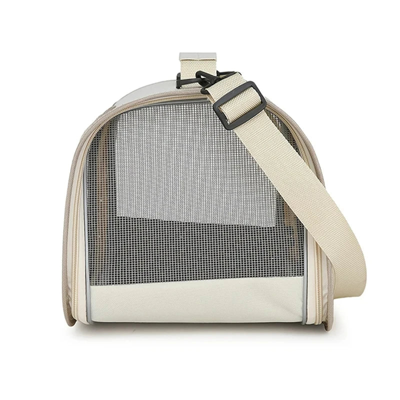 Beige pet carrier with mesh side on a white background
