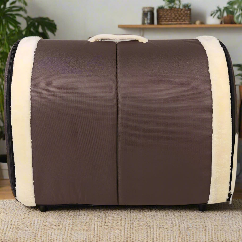PoshPup DenHouse™ side view showing full zip and carry handle on top of dome