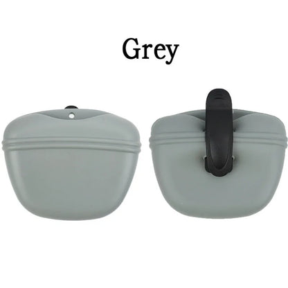 Silicone Dog Treat Holder — clip-on portable treat pot, filled with treats — SniffWaggleNWalk