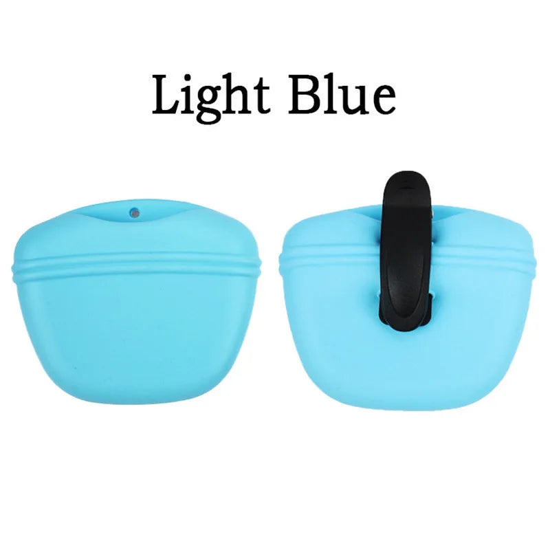 Silicone Dog Treat Holder — clip-on portable treat pot, lifestyle outdoor shot — SniffWaggleNWalk