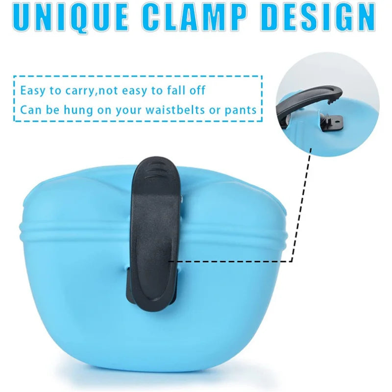 Silicone Dog Treat Holder — clip-on portable treat pot, open lid — SniffWaggleNWalk