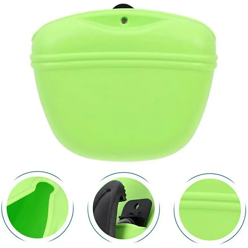 Silicone Dog Treat Holder — clip-on portable treat pot, being used on a walk — SniffWaggleNWalk