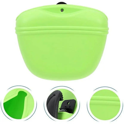 Silicone Dog Treat Holder — clip-on portable treat pot, being used on a walk — SniffWaggleNWalk