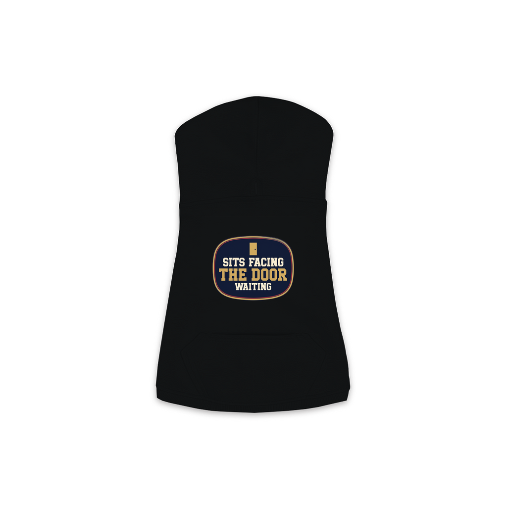 Sits Facing The Door dog hoodie in black, sizes XS to M