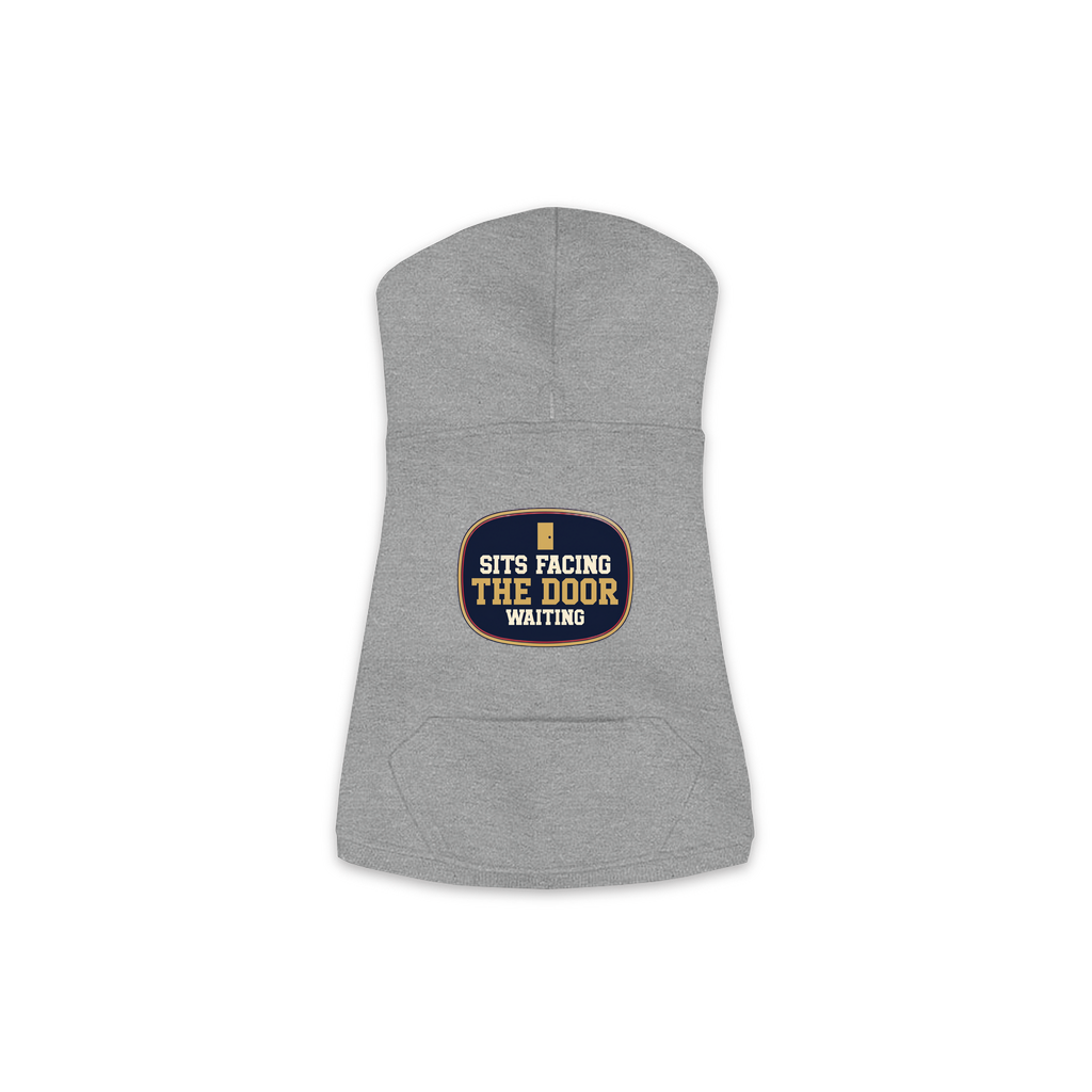 Sits Facing The Door dog hoodie in granite heather grey, sizes XS to M