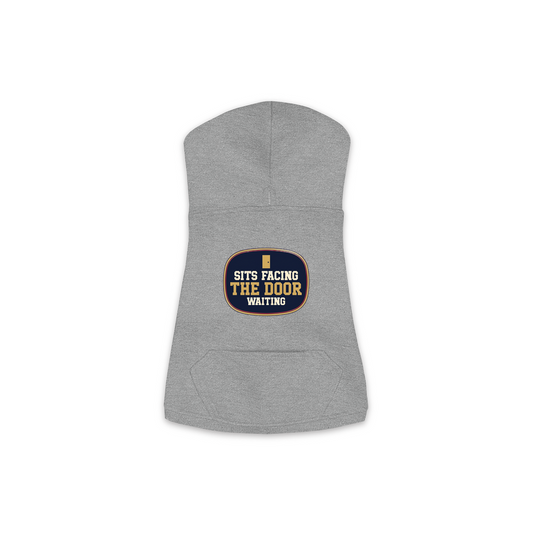 Sits Facing The Door dog hoodie in granite heather grey, sizes XS to M