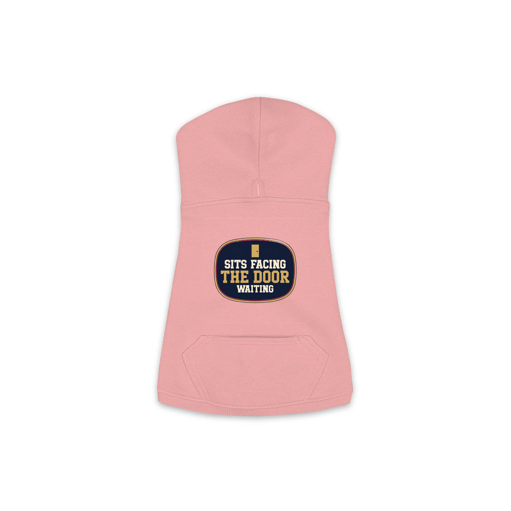Sits Facing The Door dog hoodie in mauvelous pink, sizes XS to M