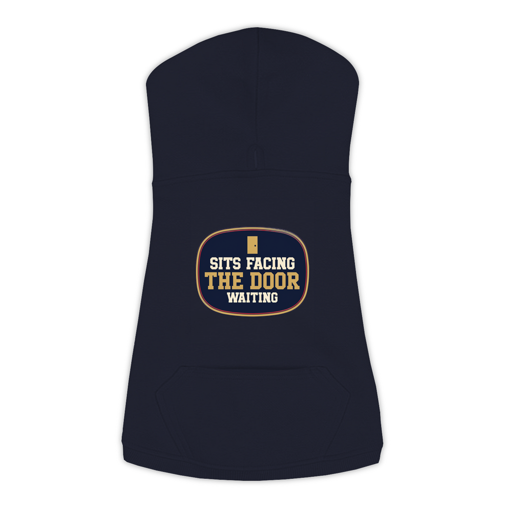 Sits Facing The Door funny dog hoodie in navy, sizes L to 3XL