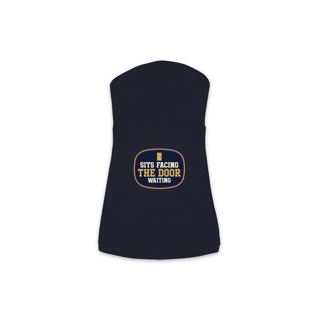 Sits Facing The Door dog hoodie in navy, sizes XS to M