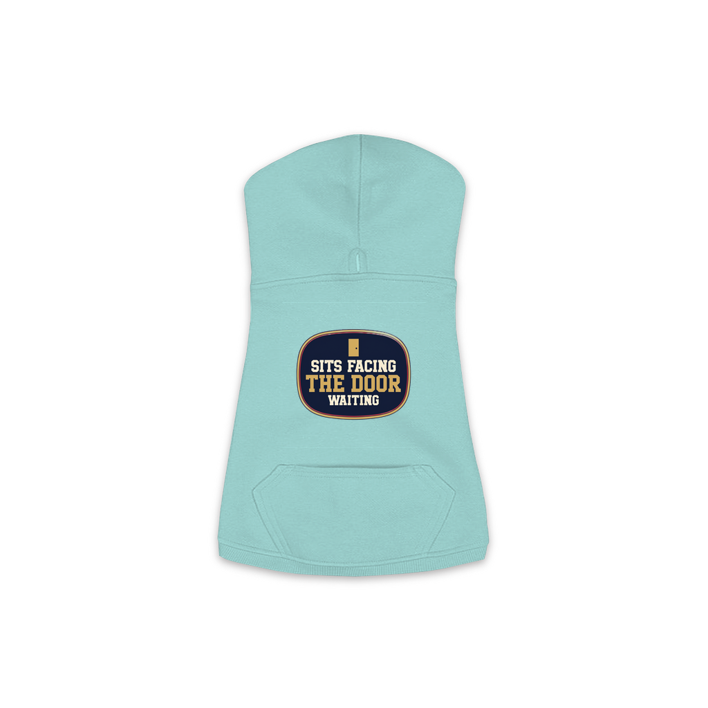 Sits Facing The Door dog hoodie in saltwater blue, sizes XS to M