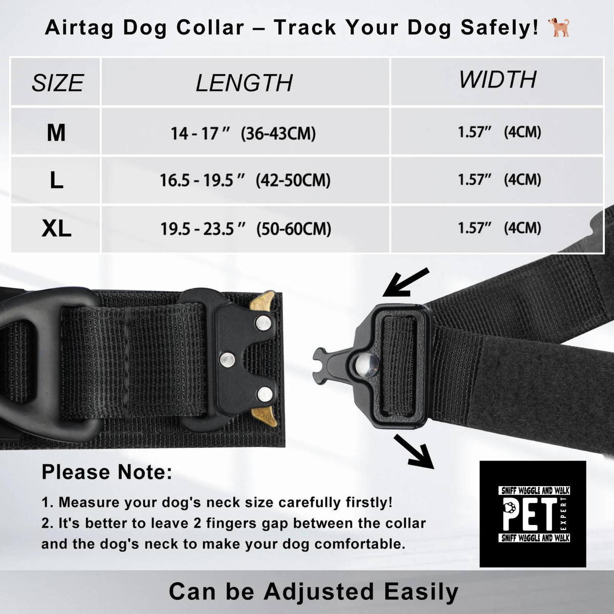 TrackMate™ AirTag dog collar size chart — M fits 36-43cm, L fits 42-50cm, XL fits 50-60cm, all 4cm wide