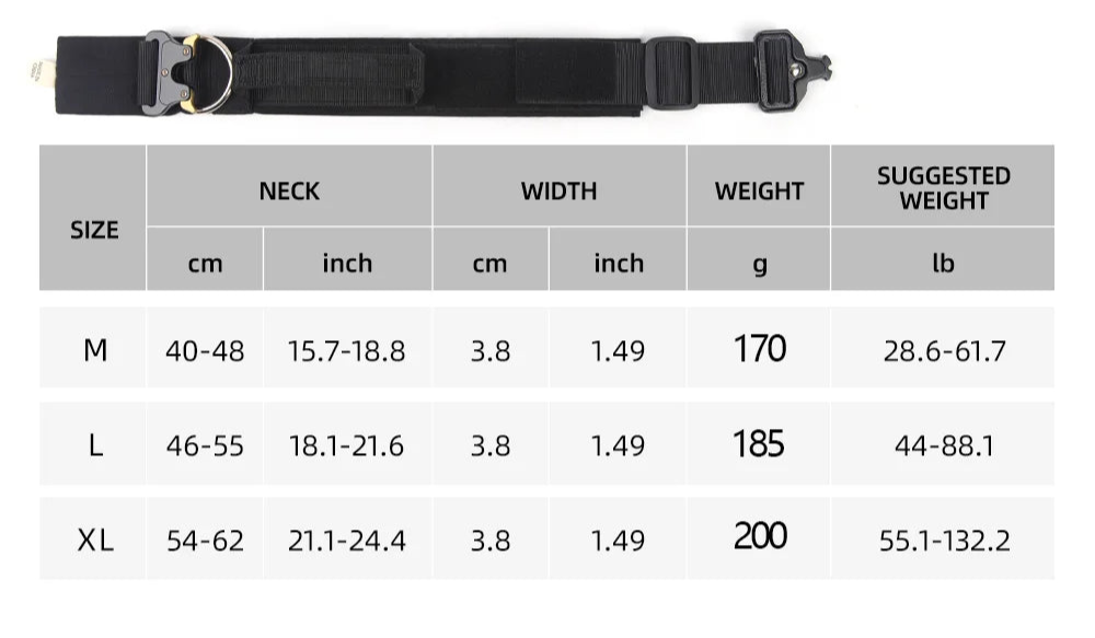 TitanPaw tactical dog collar size chart M L XL neck measurements