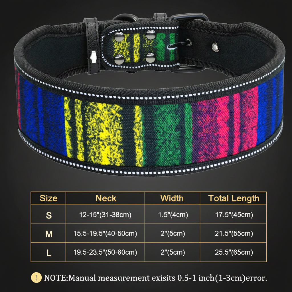 Colorful dog collar with size chart on a white background