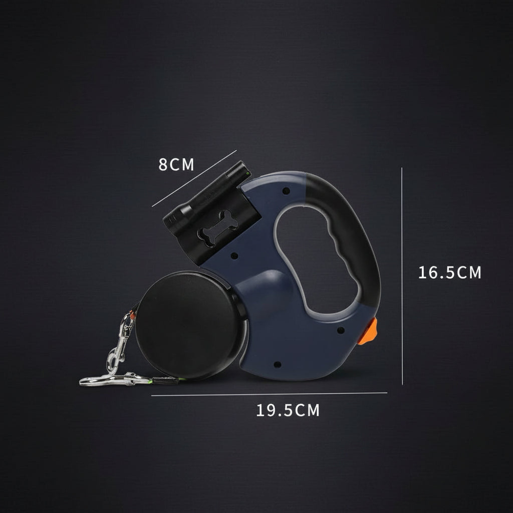 Black retractable dog leash with measurements on a white background