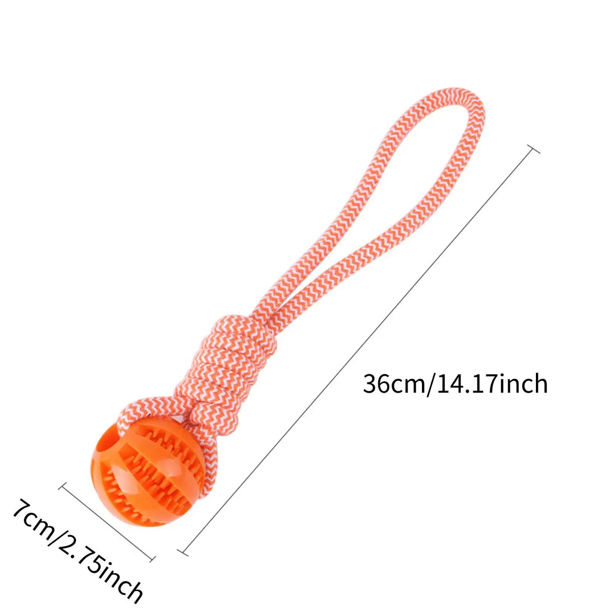Size guide: hemp rope tug toy 36cm length, 7cm rubber ball diameter