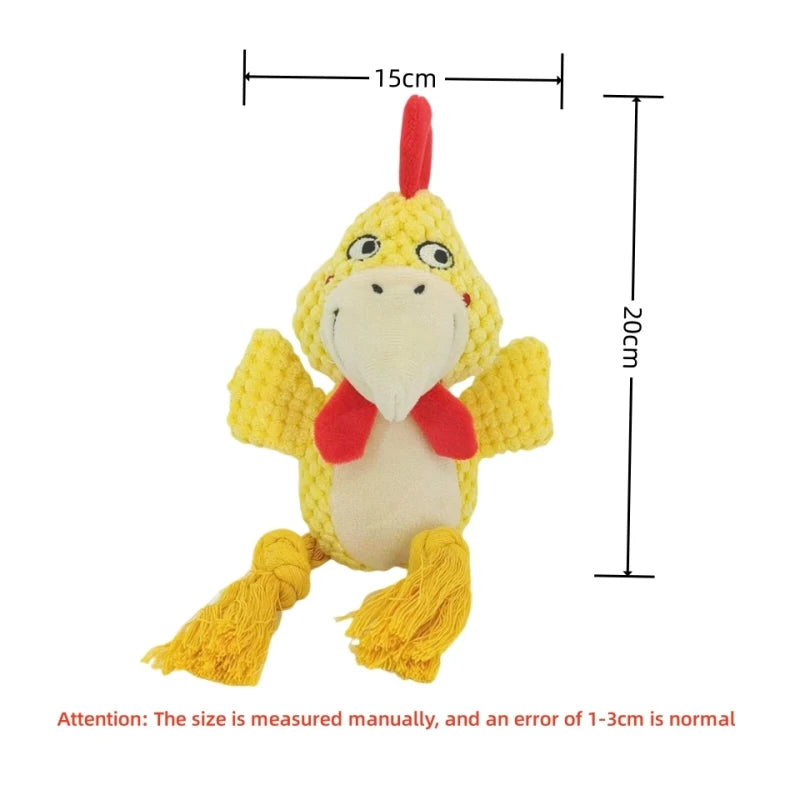 Yellow plush toy with red accents, dimensions shown on a white background