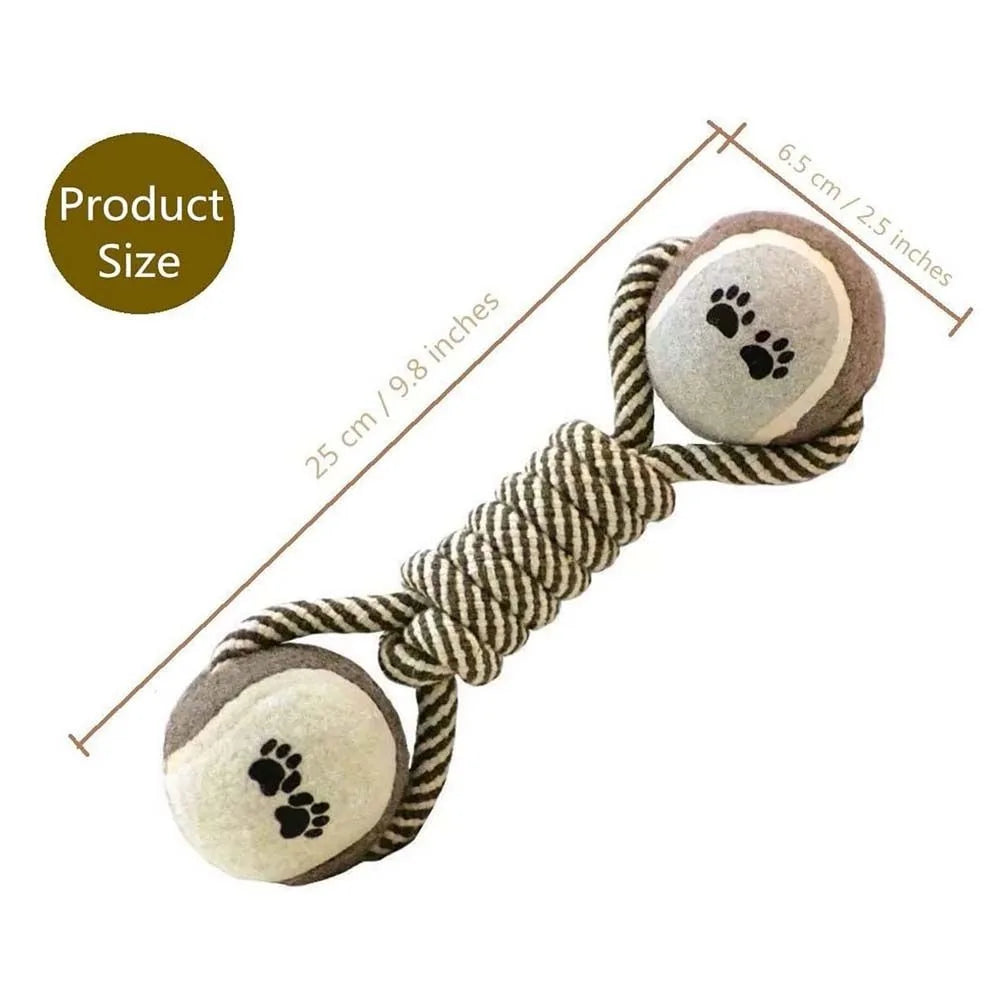 EcoTug cotton rope dumbbell dog toy Beagle puppy with paw-print tennis balls khaki colour