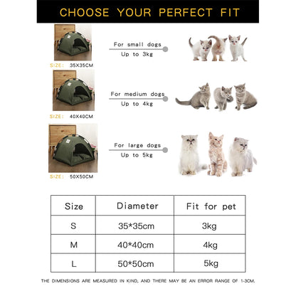 Pet tent size chart with dimensions and weight capacity for small, medium, and large pets.