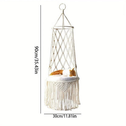 Hanging macrame chair with dimensions on a white background