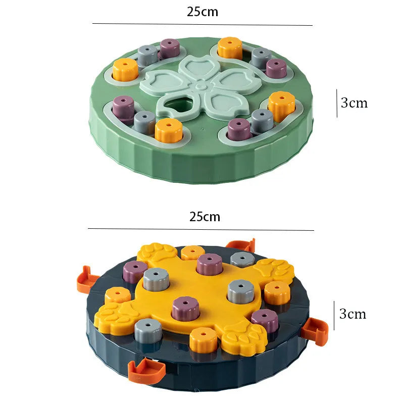 Hand pointing to centre of green dog puzzle feeder slow feeder toy