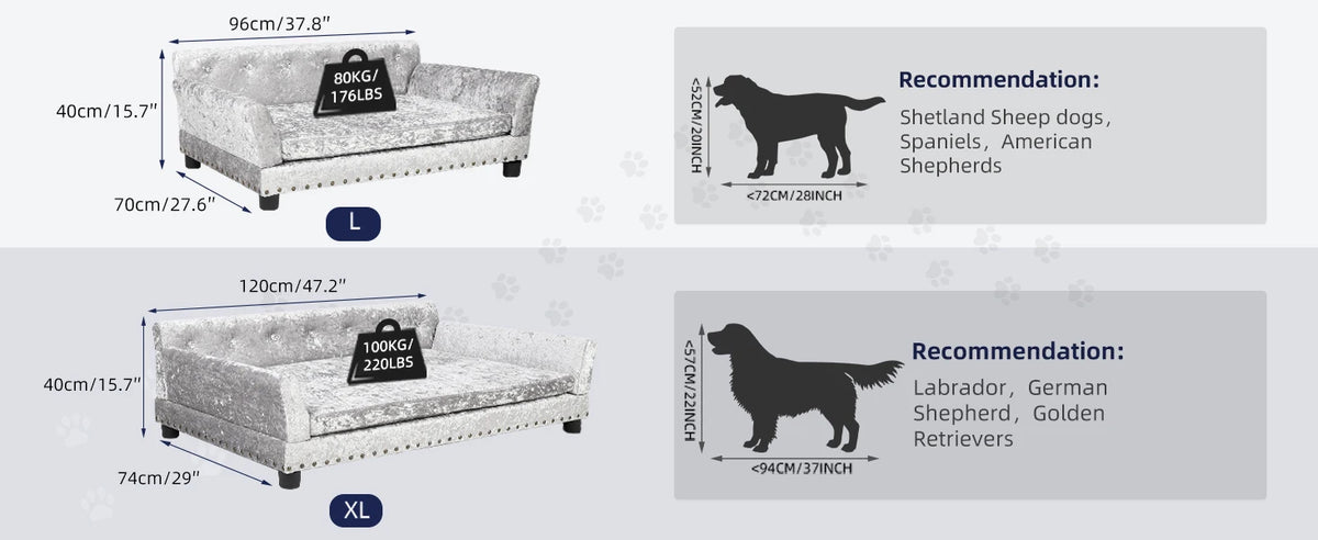 Size chart for Grand Pawdiere dog sofa bed Large and XL with dog breed guide