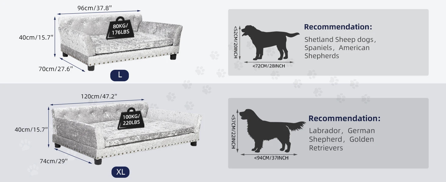 Size chart for Grand Pawdiere dog sofa bed Large and XL with dog breed guide