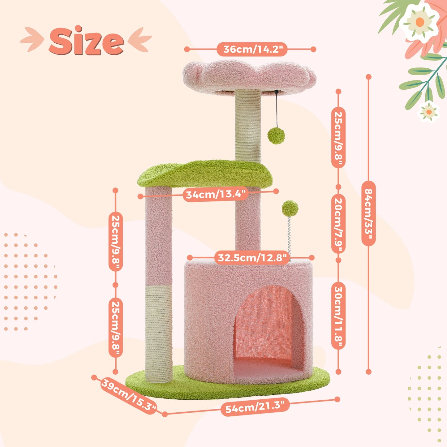Cat tree with dimensions labeled on a light background