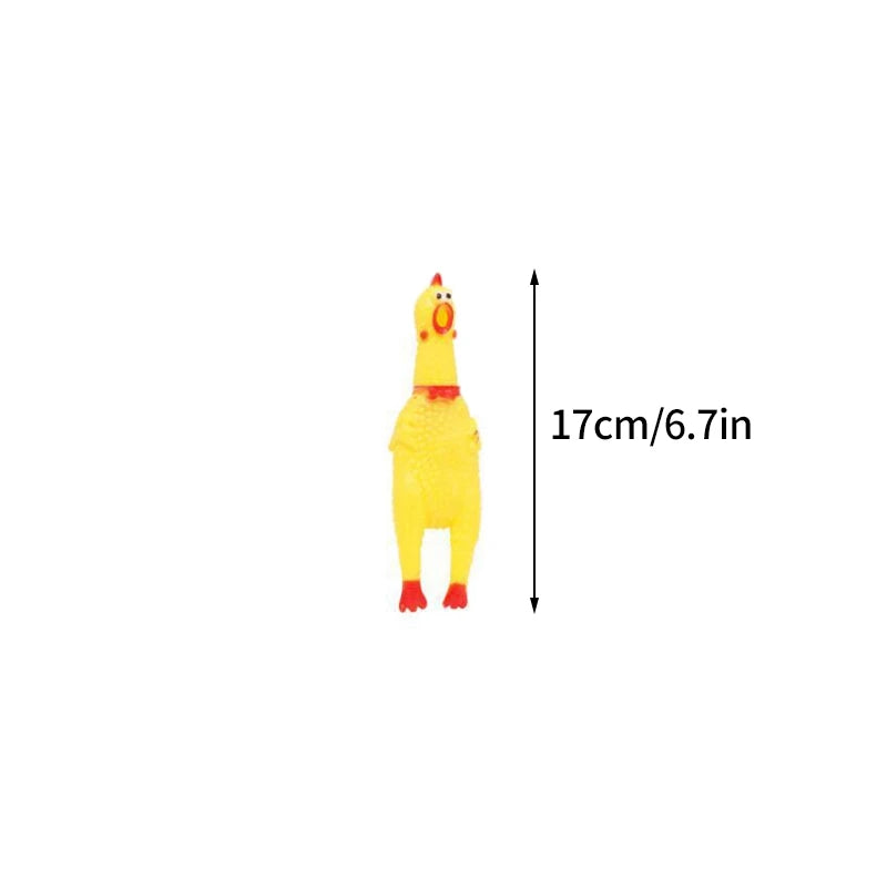 ChuckleChick size comparison 17cm small and 36cm large squeaky rubber chicken dog toy
